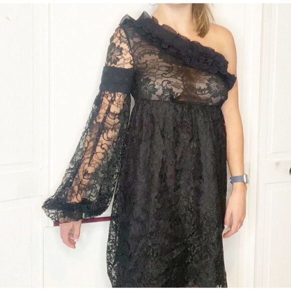 Givenchy Black Lace One Shoulder Long Sleeve Formal Dress Women’s Size 40 Medium - Picture 4 of 12